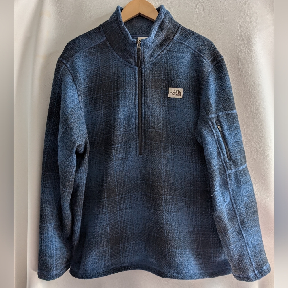 The North Face Fleece Blue Plaid 1/4 Zip Pullover Zippered Pocket -  XL